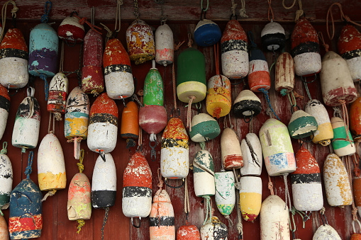 Assorted old lobster buoys hanging on wall