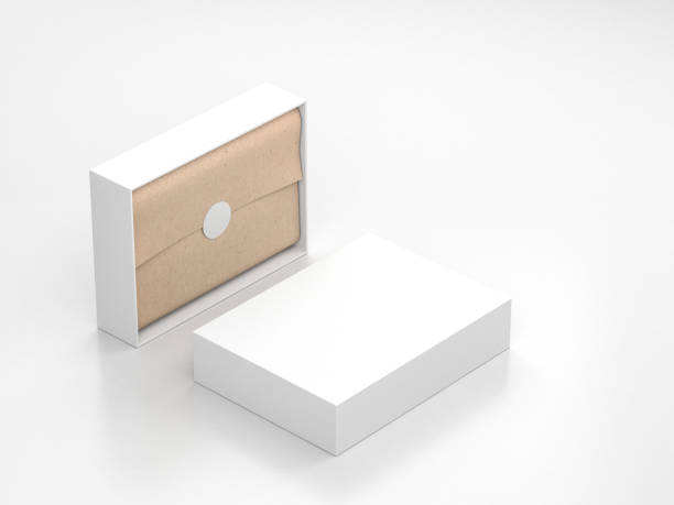 istock Opened White Gift Box Mockup with kraft wrapping paper and round label 1021697956