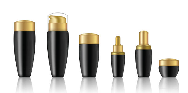 istock Mock up Realistic Black Cosmetic Soap, Shampoo, Cream, Perfume and Dropper Bottles Product Set With Gold Cap Background Illustration 1021702606