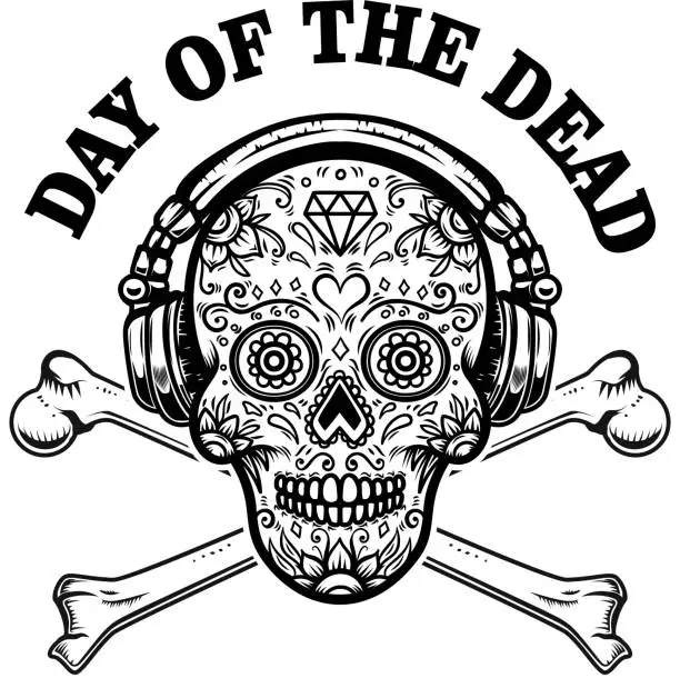 Vector illustration of mexican sugar skull with headphones and crossbones. DAY OF THE DEAD. Design element for poster, greeting card, banner, t shirt, flyer, emblem.