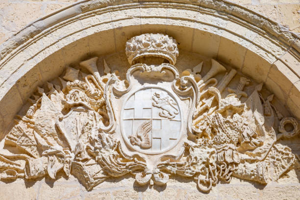 Mdina,  Malta - February 4, 2017: Decorations of the main gate of the fortified medieval walls of the town