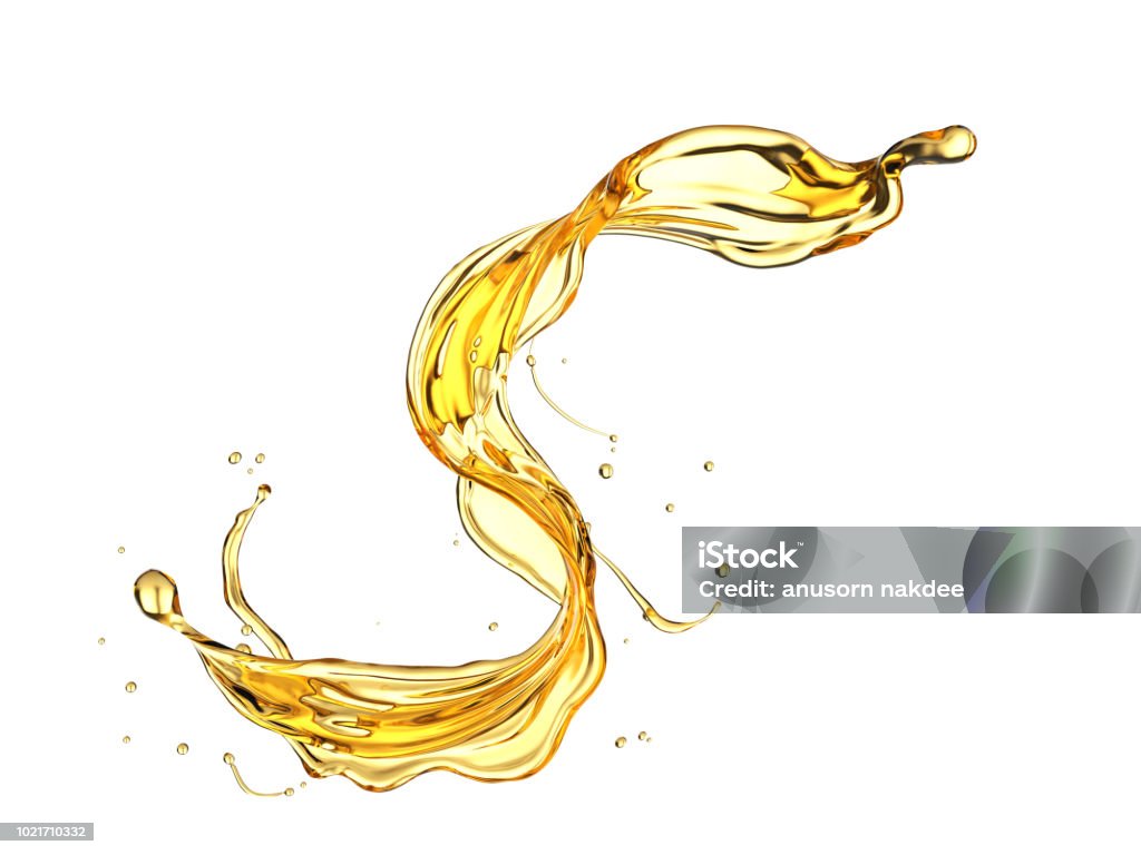 Olive or engine oil splash. Olive or engine oil splash, Golden Cosmetic Liquid isolated on white background, 3d illustration with Clipping path. Cooking Oil Stock Photo