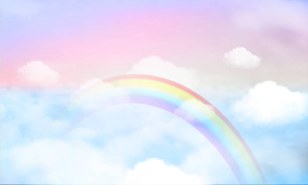 fantasy magical landscape rainbow on sky fantasy magical landscape rainbow on sky abstract big volume texture fluffy clouds shine close up view straight, cotton wool, pink purple pastel colors sun fabulous clouds background stock illustrations