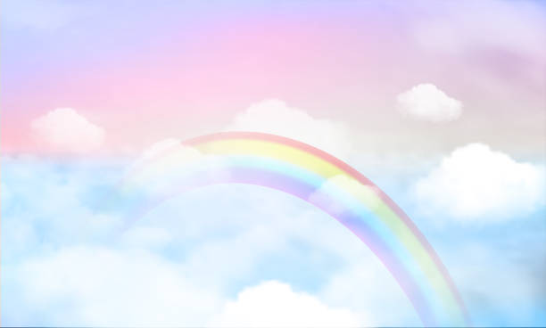 fantasy magical landscape rainbow on sky fantasy magical landscape rainbow on sky abstract big volume texture fluffy clouds shine close up view straight, cotton wool, pink purple pastel colors sun fabulous fantasy landscape stock illustrations