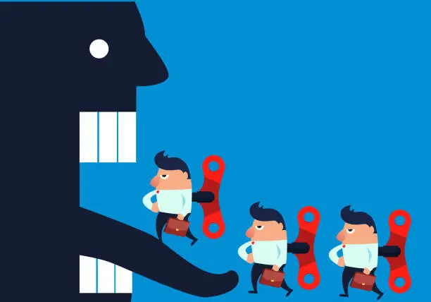 Vector illustration of The controlled businessman walks inside the devil's mouth