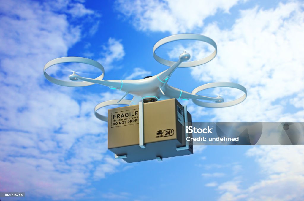Drones carry express packages in the sky."nPackages are transported in high-tech Settings,online shopping,Concept of automatic logistics management.3d rendering. Drone Stock Photo