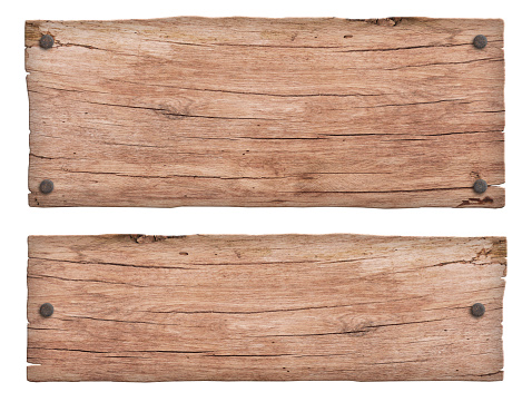 Different empty weathered signs made of old nature wood with nails. Isolated on white background.