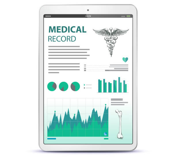 illustrations, cliparts, dessins animés et icônes de dossier médical sur écran d’ordinateur tablette - dossier médical