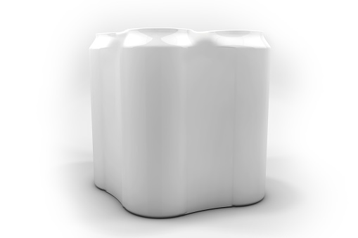 3D nylon multipack tin package on white background. Four drinks in white plastic shrink pack.
