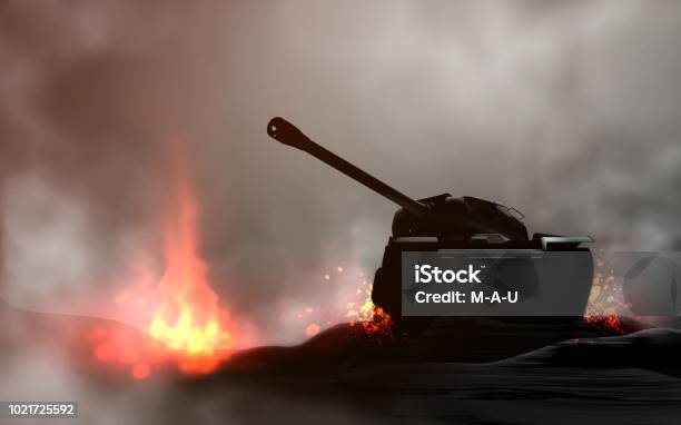 Tank In The Battle 3d Render And Digital Painting Stock Photo - Download Image Now - Storage Tank, Armored Tank, Russia