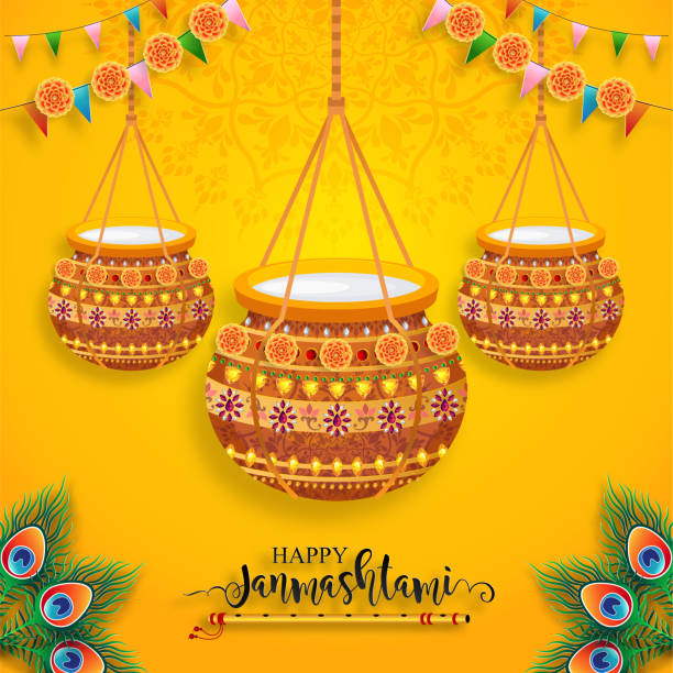 glücklich krishna janmashtami festival karte mit gold gemustert und kristalle auf dem papier farbe hintergrund. - ganesha indian culture india vector stock-grafiken, -clipart, -cartoons und -symbole