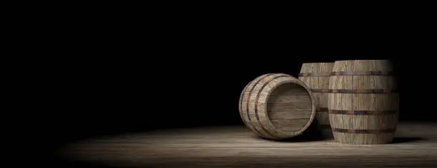 Wooden wine barrels on dark background, copy space. 3d illustration