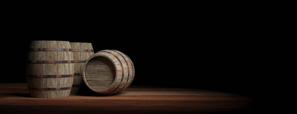 tonneaux en bois sur fond sombre. illustration 3d - oak barrel photos et images de collection