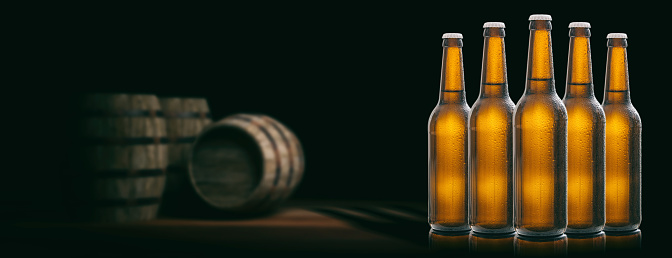 Set of unopened beer bottles in a brewery, wooden barrels background. 3d illustration