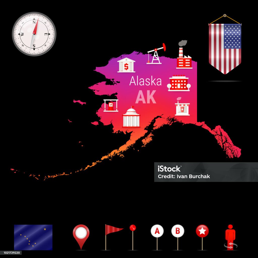 Alaska Vector Map, Night View. Compass Icon, Map Navigation Elements. Pennant Flag of the USA. Industries Icons Alaska Vector Map, Night View. Compass Icon, Map Navigation Elements. Pennant Flag of the United States. Vector Flag of Alaska. Various Industries, Economic Geography Icons. 360-Degree View stock vector
