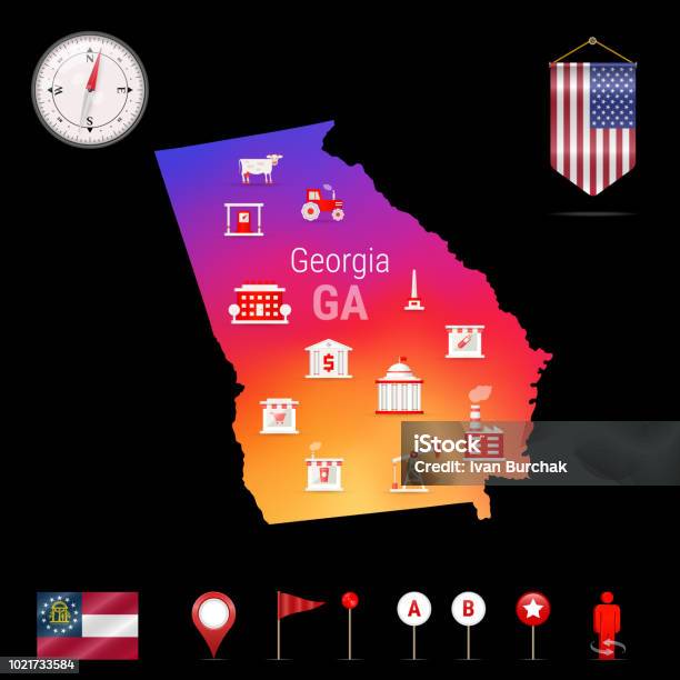 Georgia Vector Map Night View Compass Icon Map Navigation Elements Pennant Flag Of The Usa Industries Icons Stock Illustration - Download Image Now