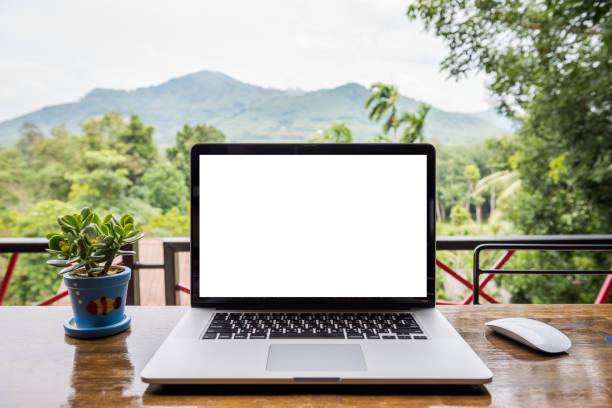 blank screen of laptop with mouse and  plant vase on wooden table, Mountain and forest background blank screen of laptop with mouse and  plant vase on wooden table, Mountain and forest background magic mouse stock pictures, royalty-free photos & images