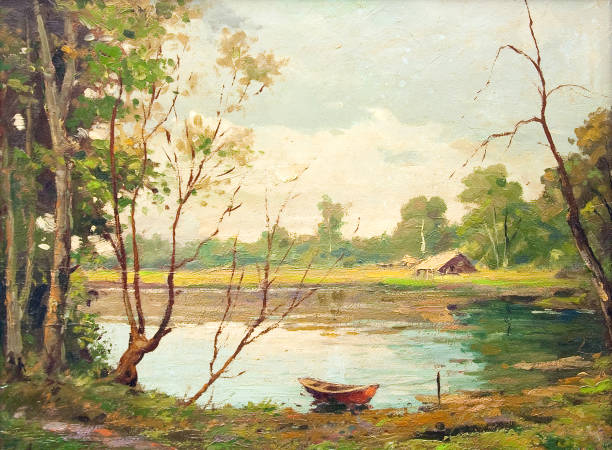 美しい夏の日に湖とコテージにボートを示す油絵。