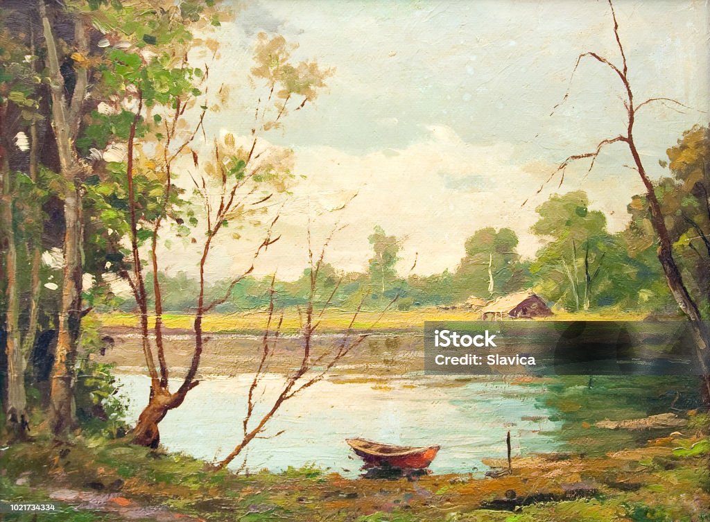 Oil landscape painting - Boat on the lake Oil painting showing boat on the lake and cottage on a beautiful summer day. Landscape - Scenery stock illustration