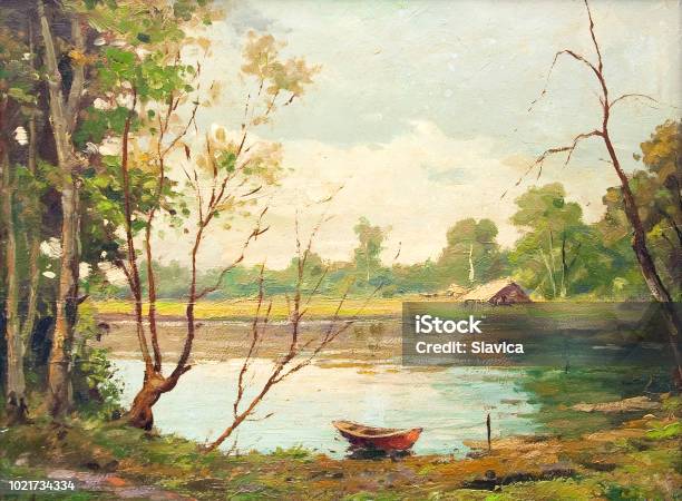 Oil Landscape Painting Boat On The Lake Stock Illustration - Download Image Now - Landscape - Scenery, Painting - Activity, Oil Painting