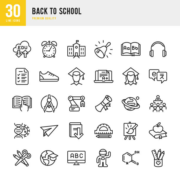 ilustrações de stock, clip art, desenhos animados e ícones de back to school - set of thin line vector icons - letter alphabet symbol fruit