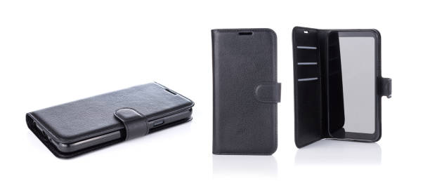 collection set of Black smartphone in case isolated on white background