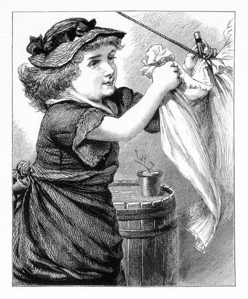 Very Rare, Beautifully Illustrated Antique Engraving of a Young girl hanging up laundry on a clothesline, American Victorian Engraving, 1882 American Victorian Engraving, 1882. Source: Original edition from my own archives. Copyright has expired on this artwork. Digitally restored.