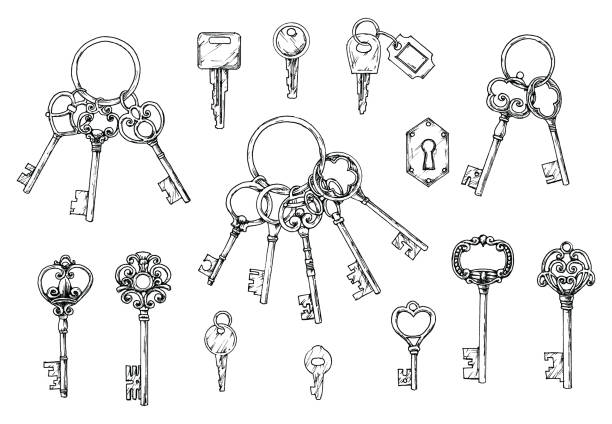 Vector set of hand-drawn antique keys. Illustration in sketch style on white background. Old design.