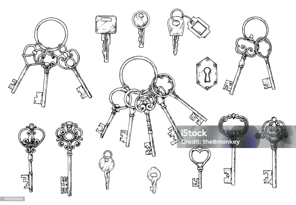 Vector set of hand-drawn antique keys. Illustration in sketch style on white background. Old design Vector set of hand-drawn antique keys. Illustration in sketch style on white background. Old design. Key stock vector