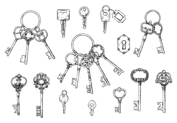Vector set of hand-drawn antique keys. Illustration in sketch style on white background. Old design Vector set of hand-drawn antique keys. Illustration in sketch style on white background. Old design. key illustrations stock illustrations