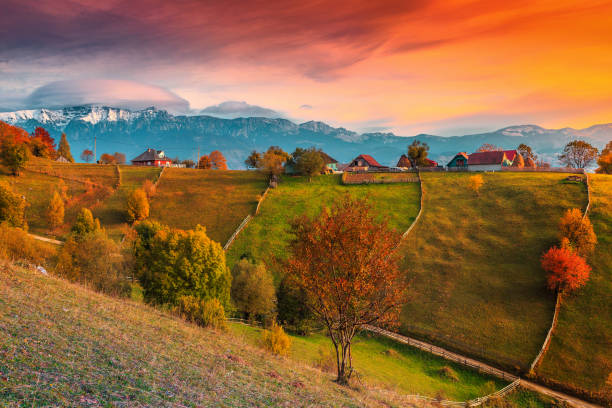 Autumn alpine rural landscape near Brasov, Magura village, Transylvania, Romania Beautiful autumn alpine landscape, famous alpine village with stunning colorful clouds and high snowy mountains in background near Bran, Magura village, Transylvania, Romania, Europe romania stock pictures, royalty-free photos & images