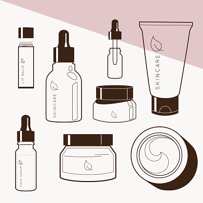 A variety of skincare products, including bottles and creams, for a common beauty regimen
