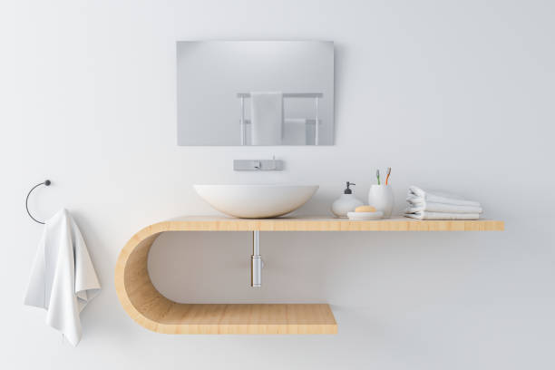 white basin on wooden shelf, 3D rendering