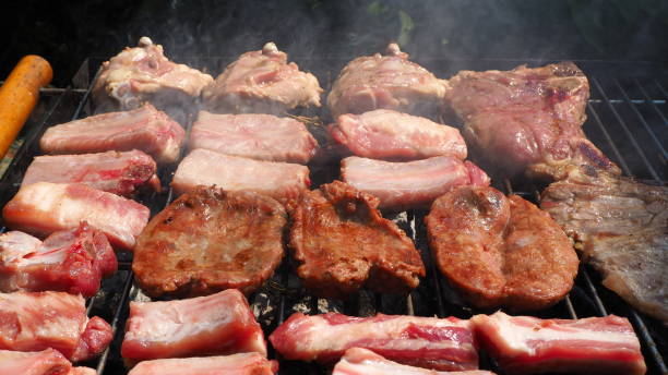 istock Roasted Juicy meat cooked over the coals on a barbecue 1021782698