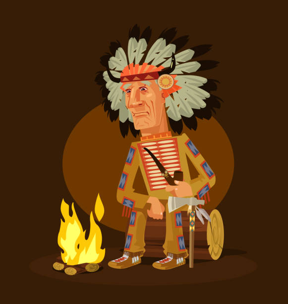 istock Old american indian chief character sitting near fireplace and smoking pipe. Vector flat cartoon illustration 1021787804