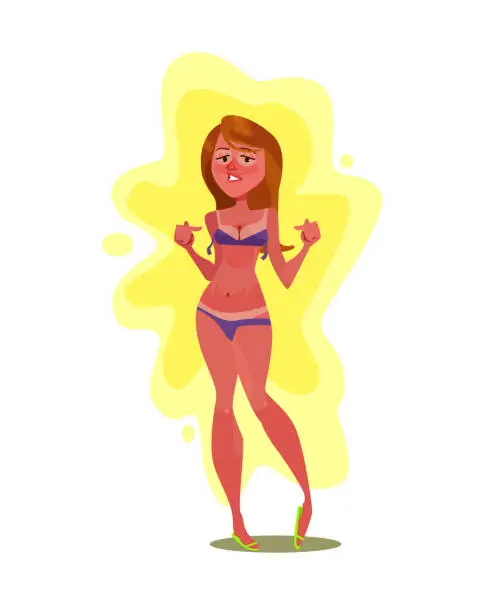 Vector illustration of Unhappy woman character burning on sun sunburn. Vector flat cartoon illustration