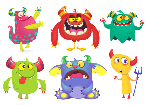 kolekcja cartoon monsters. wektor zestaw potworów z kreskówek izolowane. duch, troll, gremlin, goblin, diabeł i potwór - smok postać fikcyjna stock illustrations