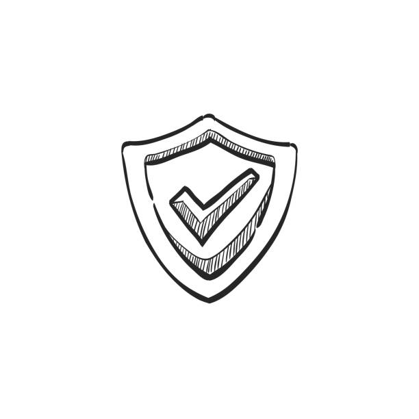 Sketch icon - Shield check Shield icon with checkmark in doodle sketch lines. Protection guard safety safe draw stock illustrations