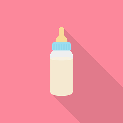 Baby milk bottle icon with long shadow on pink background, flat design style