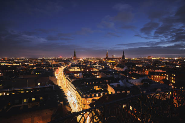 Copenhagen from above at night View of Copenhagen in Denmark at night from rundetaarn copenhagen photos stock pictures, royalty-free photos & images