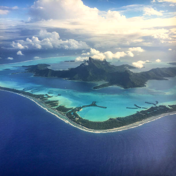 Flying above Bora Bora. French Polynesia, South Pacific Ocean.