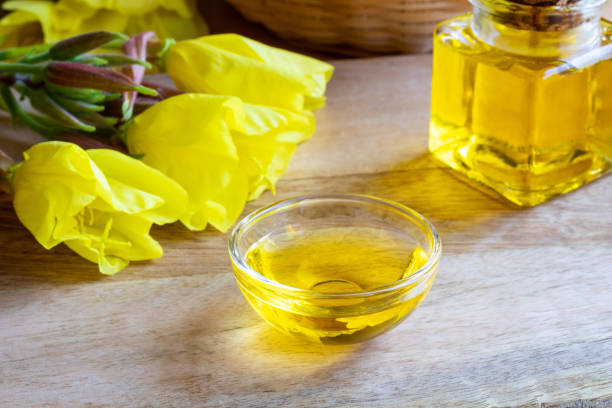 istock Evening primrose oil with fresh blooming evening primrose 1021814546