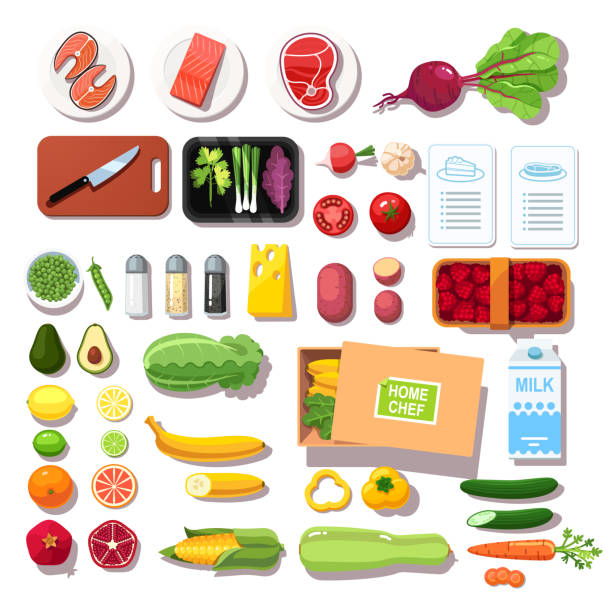 Meal kit delivery groceries set with recipe booklets. Meat, fish, vegetables, fruits, spices top view. Flat isolated vector Various pre-portioned ingredients and recipes meal kit. Groceries, meat, fish, vegetables, fruits, spices set. Meal kit delivery service. Flat vector illustration isolated on white background raw diet stock illustrations