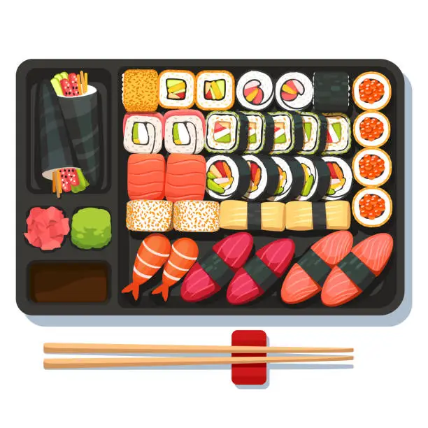 Vector illustration of Oriental takeaway sushi set on partitioned obento tray with chopsticks. Japanese maki, temaki, sashimi, uramaki, nigiri. Bright asian sushi set top view. Flat isolated vector