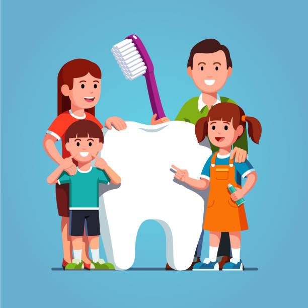 Big family standing next to big healthy molar tooth and holding toothbrush. Teeth cleaning and brushing concept for kids. Flat isolated vector Smiling family parents with two kids standing next to big white tooth holding toothbrush showing healthy clean tooth encouraging teeth hygiene and care. Inspirational clipart. Flat vector illustration teeth clipart stock illustrations