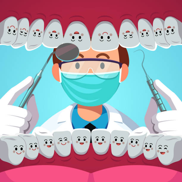 Dentist with dental instruments examining patient teeth. Inside of mouth view with smiling healthy tooth. Dentistry checkup concept. Flat isolated vector Dentist holding instruments examining teeth. Patient mouth inside view checkup with animated cartoon smiling healthy teeth characters. Teeth examination dentistry concept. Flat vector illustration dentists office stock illustrations