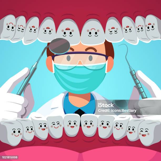 Dentist With Dental Instruments Examining Patient Teeth Inside Of Mouth View With Smiling Healthy Tooth Dentistry Checkup Concept Flat Isolated Vector Stock Illustration - Download Image Now
