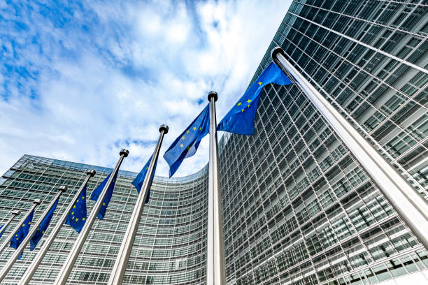 european union blue and gold flags flying in brussels, belgium stock photo