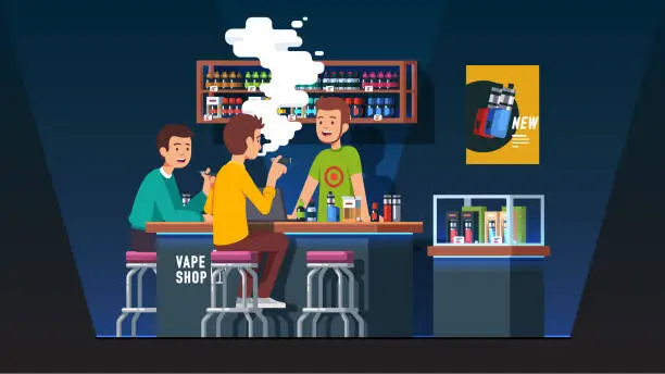 Vector illustration of Vape shop bar barman talking with smoking 
electronic cigarettes vapers & showing bottles of liquid vaping juices from shelves. Flat isolated vector