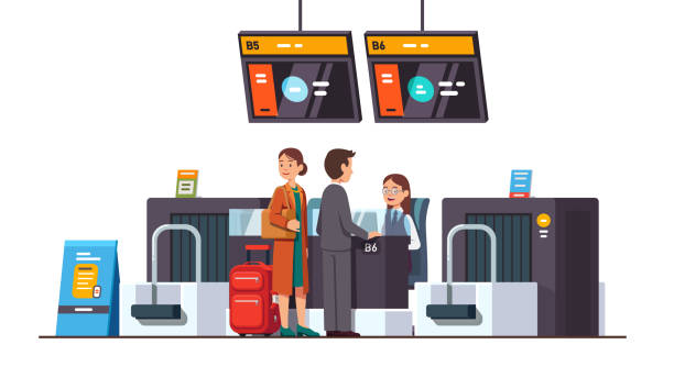 Airline company woman checking documents and talking with passengers at international airport check in desk counter gate. Flat isolated vector Passengers & airline company woman at international airport check in desk counter gate with weighting luggage belt, security check point metal detector, x-ray scanner. Flat vector illustration isolated check in person stock illustrations